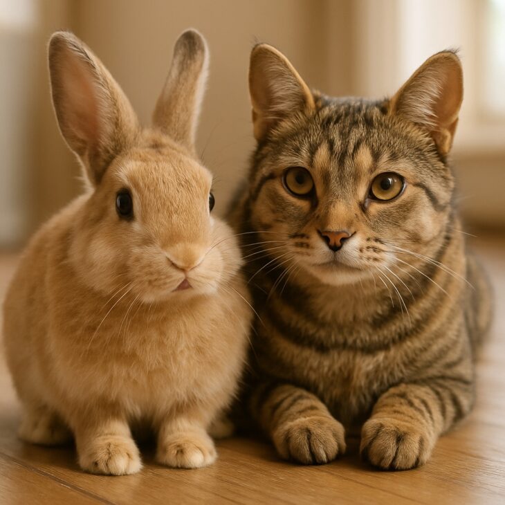 Cat and rabbit sitting pretty as roommates