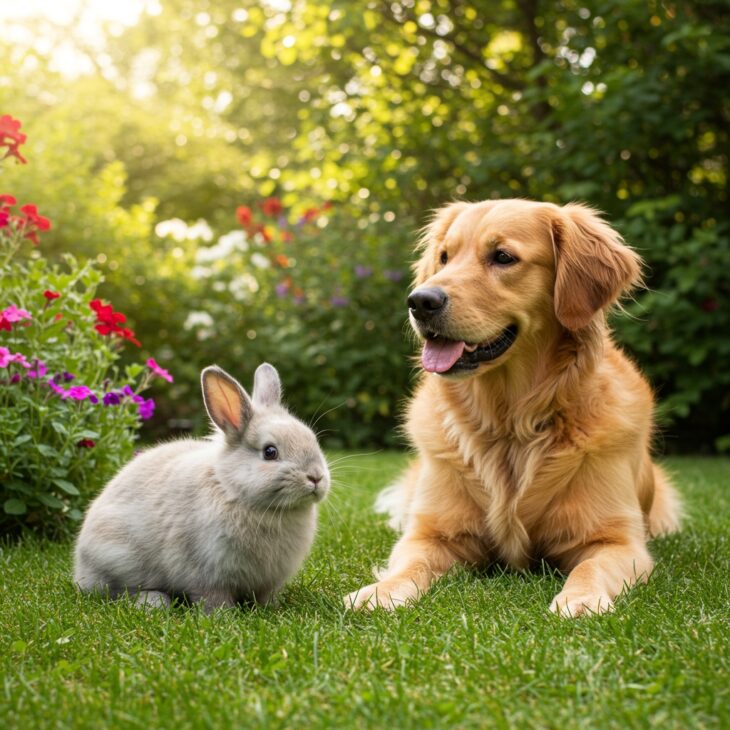 Rabbit sitting pretty with a dog in the garden