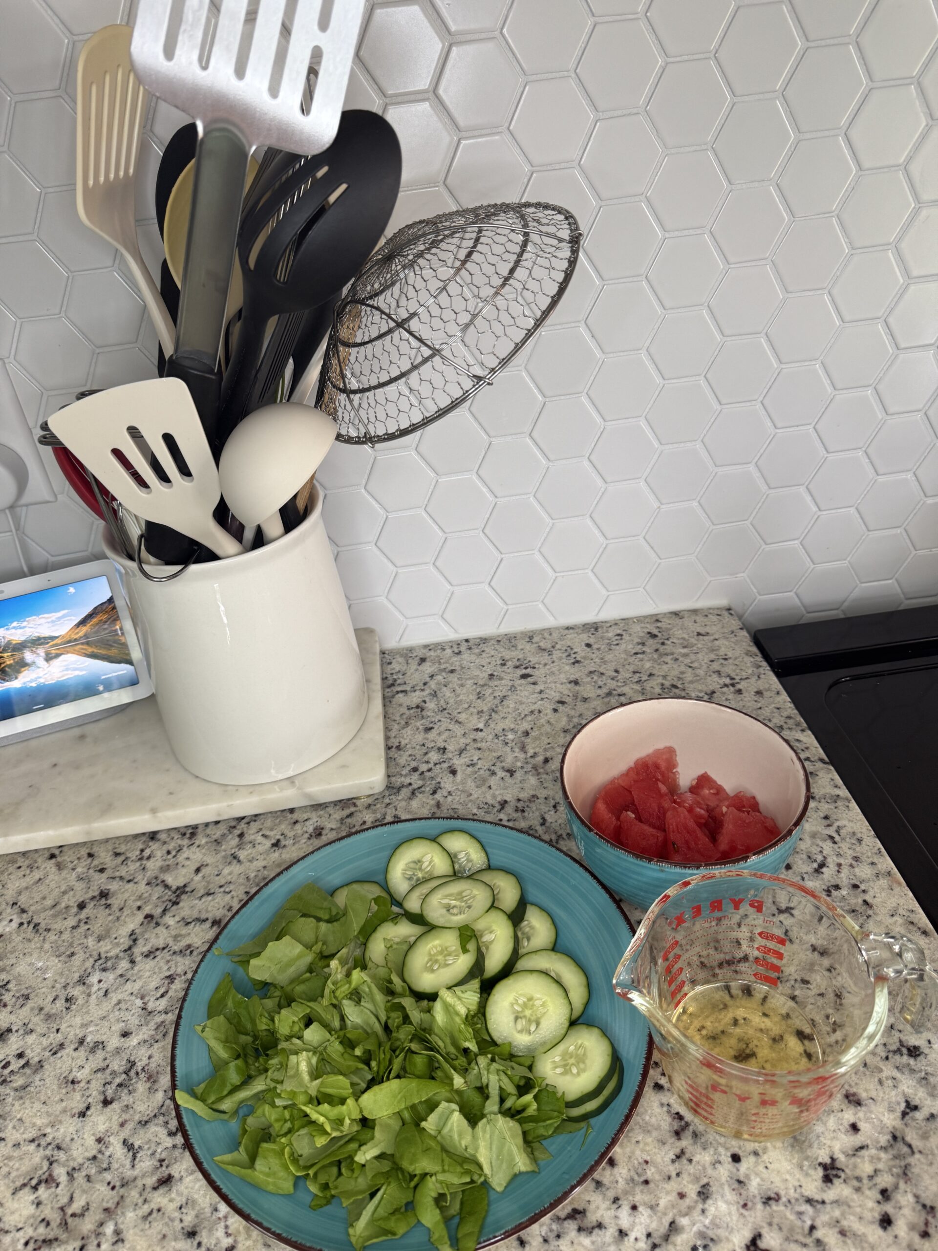 IMG_2163 The ingredients for the cucumber and melon salad chicken treat I made to help cool my hens