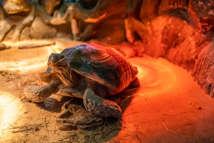 a large turtle is in its terrarium under infrared light lamps