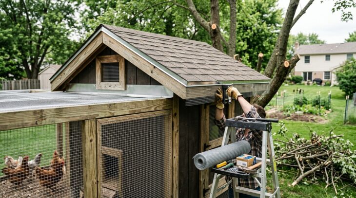 Predator-proof chicken coop roof with sealed gaps, durable roofing materials, and removed climbing access points to protect chickens from predators.